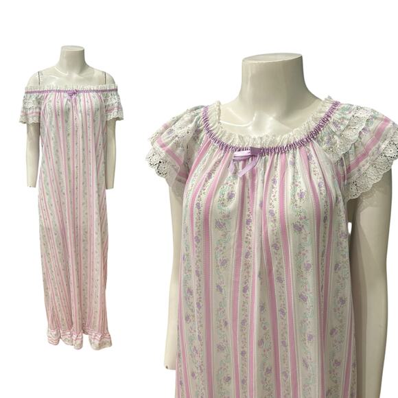 Vintage 1970s Pink Stripe Lace Floral Nightgown Off Shoulder / Large - - Picture 1 of 5